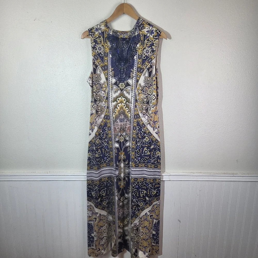 One World Womens XL Boho Maxi Dress Rhinestone Embellished Blue Lace Back - Picture 2 of 12